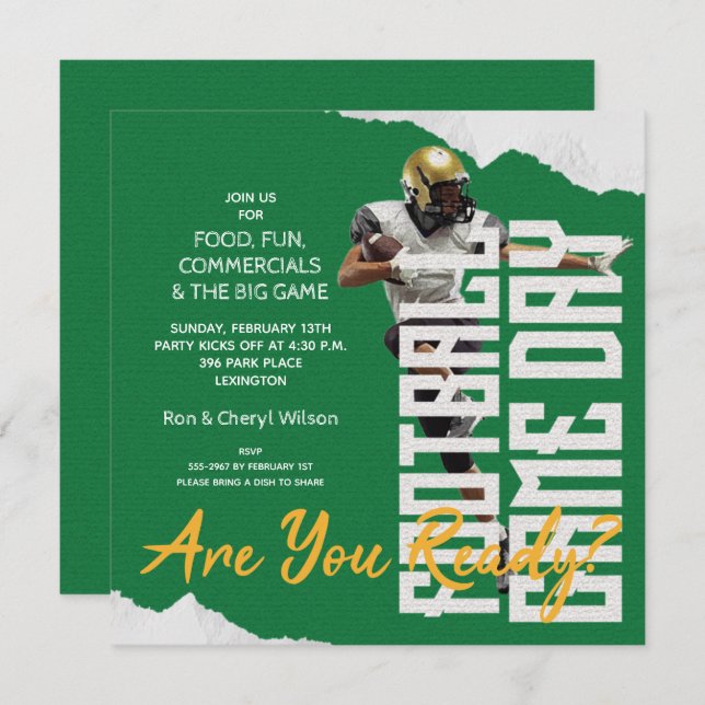 Football Player Game Day Green Party Invitations (Front/Back)
