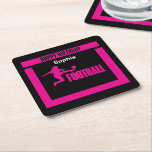 Football Player Girl, Birthday Girl Team Square Paper Coaster