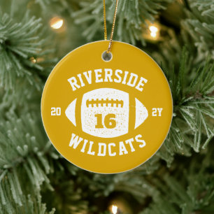 Football player golden yellow team photo holiday ceramic tree decoration