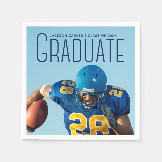 Football Player Graduation 2025 Blue Script Photo Napkin (Front)