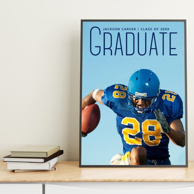 Football Player Graduation 2025 Blue Script Photo Poster (Creator Uploaded)