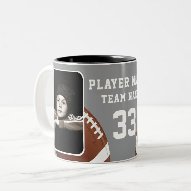 Football Player Name Number Team 2 Photos Two-Tone Coffee Mug (Front Left)