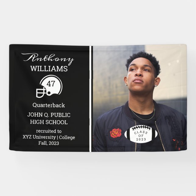 Football Player Photo Black Graduation Banner (Horizontal)