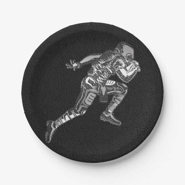Football Player Running Quarterback Black Silver Paper Plate (Front)