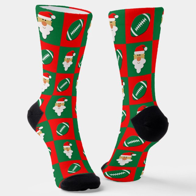 Football Player Santa Christmas Pattern Holiday Socks (Angled)