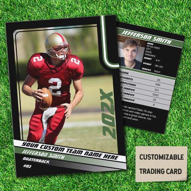 Football Player Trading Card Custom Gift in Green (American Football Player Trading Card in Black with Custom Team and Player Name with Green Stripes)