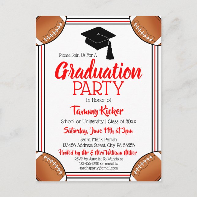 Football Red & Black Graduation Party Invitation Postcard (Front)
