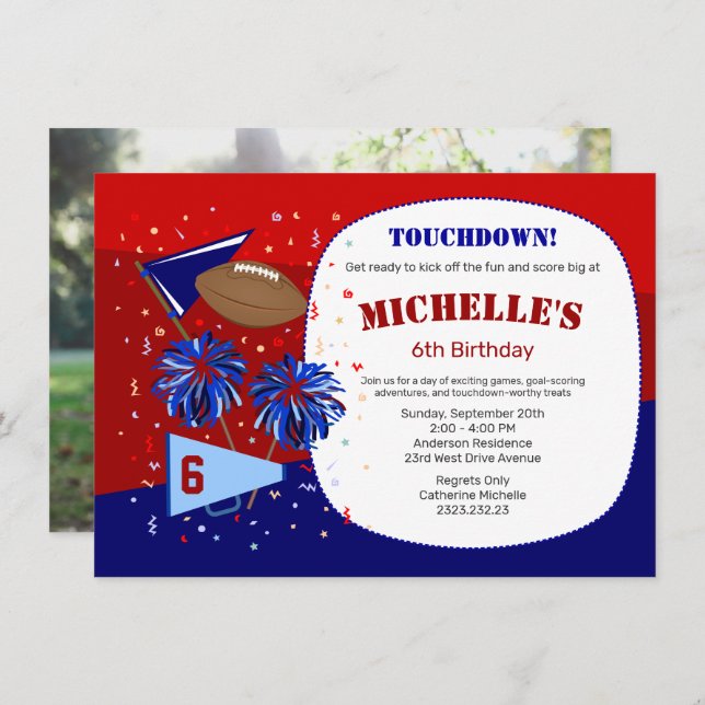Football Red, White and Blue Birthday Invitation (Front/Back)