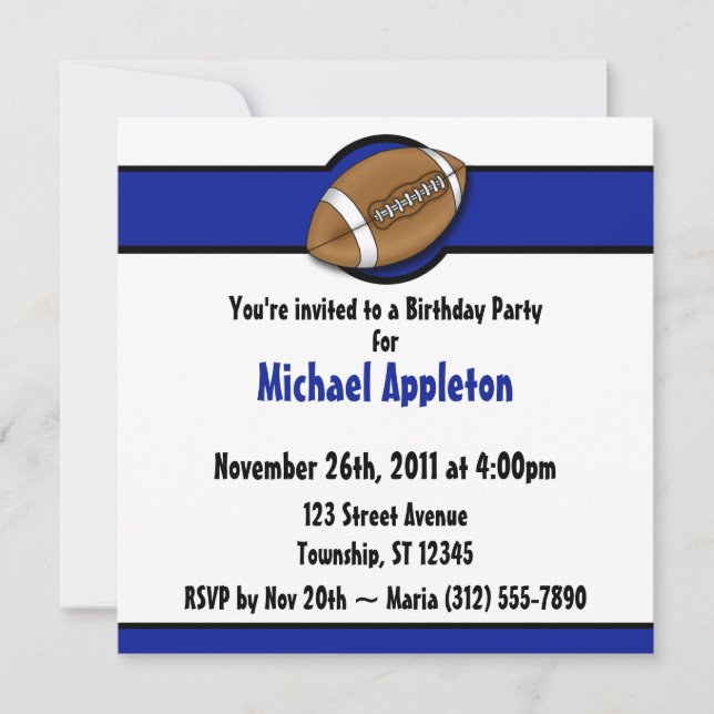 Football Royal Blue Birthday Invitations (Front)