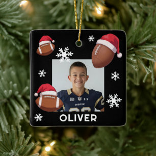 Football Santa Hat Name Photo Christmas  Ceramic Ornament