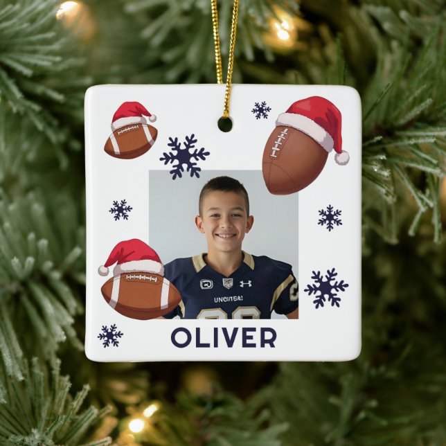 Football Santa Hat Name Photo Christmas  Ceramic Ornament (Tree)