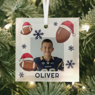 Football Santa Hat Name Photo Christmas  Glass Tree Decoration