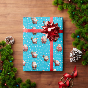 Football Santa on Bright Turquoise Blue Wrapping Paper