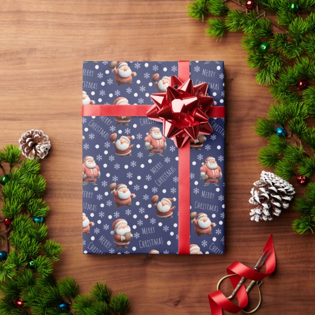 Football Santa on Indigo Blue Wrapping Paper (Holiday Gift)