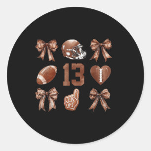 Football Season Kids Bow Coquette 13th Birthday 13 Classic Round Sticker
