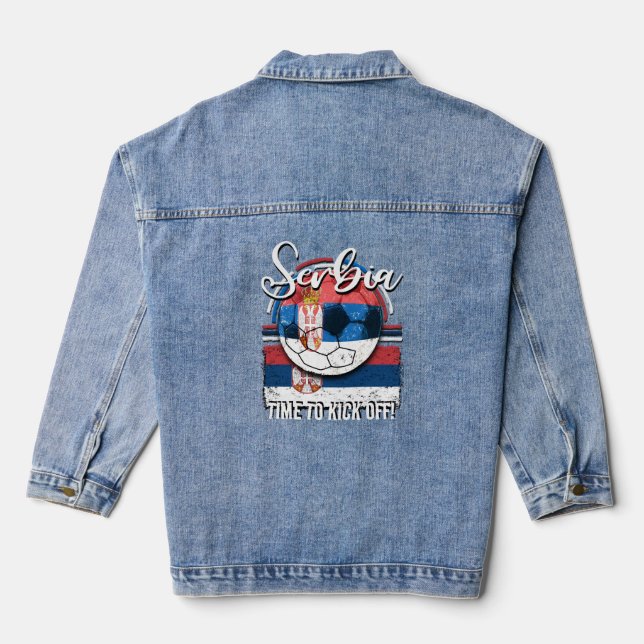 Football Serbia Flag, Soccer Vintage Ball Denim Jacket (Back)