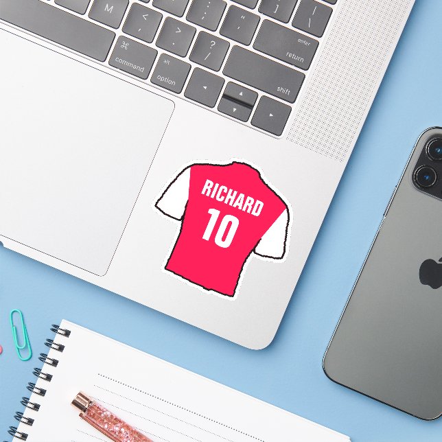 Football shirt design in red & white. sticker (Laptop w/ iPhone)