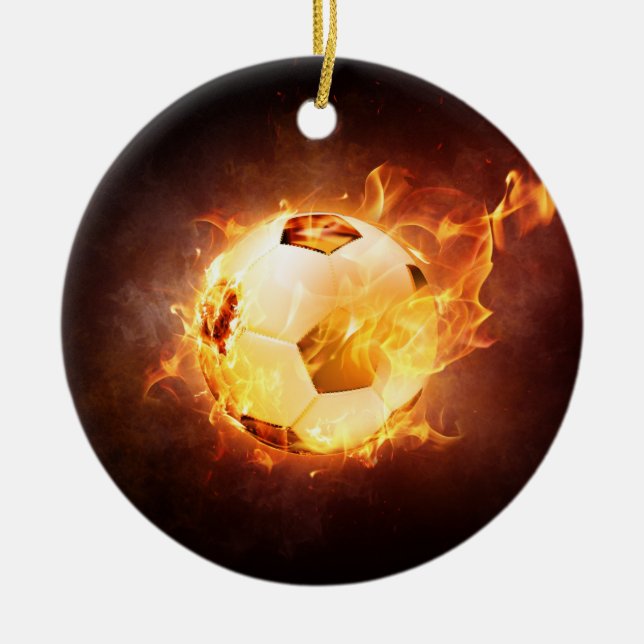Football Soccer Ball on Fire Ceramic Tree Decoration (Front)
