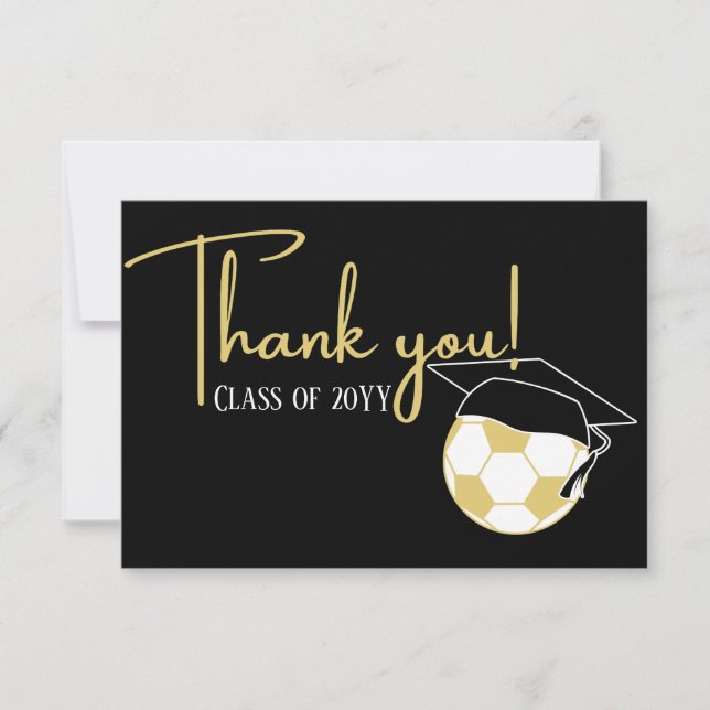  Football Soccer Black Gold Graduation ball cap Thank You Card (Front)