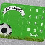 Football Soccer Sports Boy Milestone Baby Blanket<br><div class="desc">New baby keepsake blanket featuring a soccer pitch,  football,  the childs name,  and the months to mark the milestone.</div>