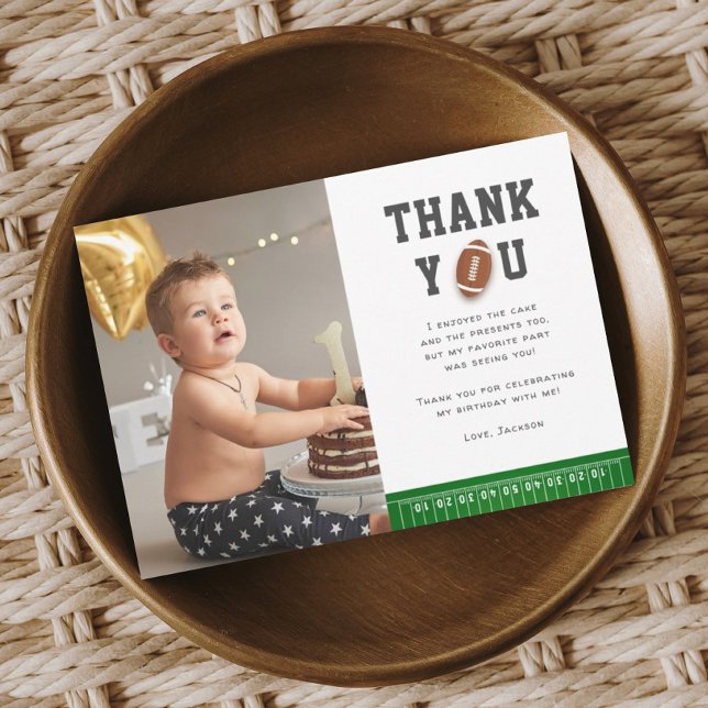Football Sport First Year Down Birthday Photo Thank You Card (Creator Uploaded)