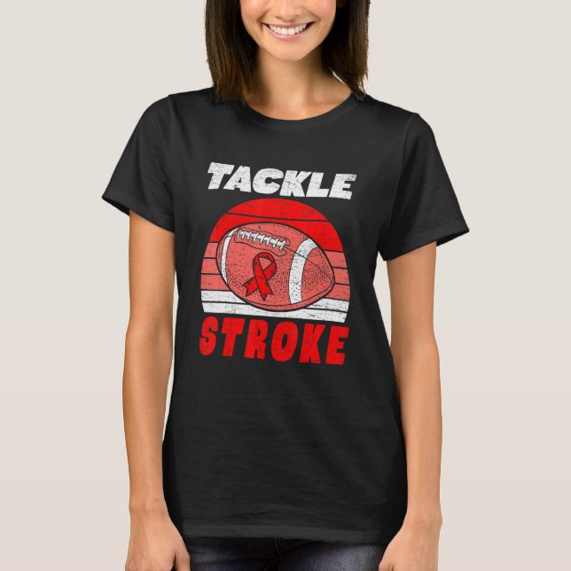 Football Tackle Stroke Retro Awareness Red Ribbon  T-Shirt (Front)