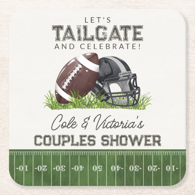 Football Tailgate & Celebrate Touchdown Couples Square Paper Coaster (Front)