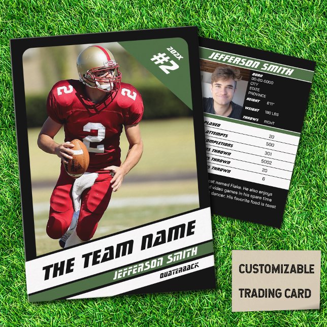 Football Team Trading Card Sport Gift Idea Green (American Football Player Trading Card in Black with Custom Team Name with Green Stripes
)