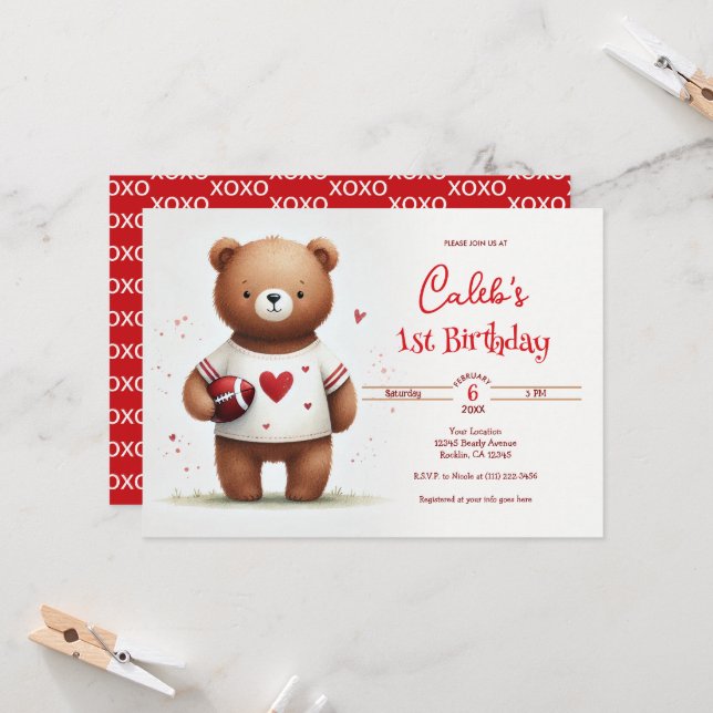 Football Teddy Bear Valentine's 1st Birthday Invitation (Front/Back In Situ)