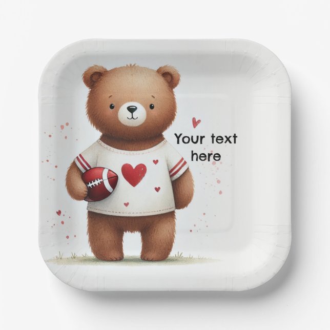 Football Teddy Bear Valentine's 1st Birthday Paper Plate (Front)