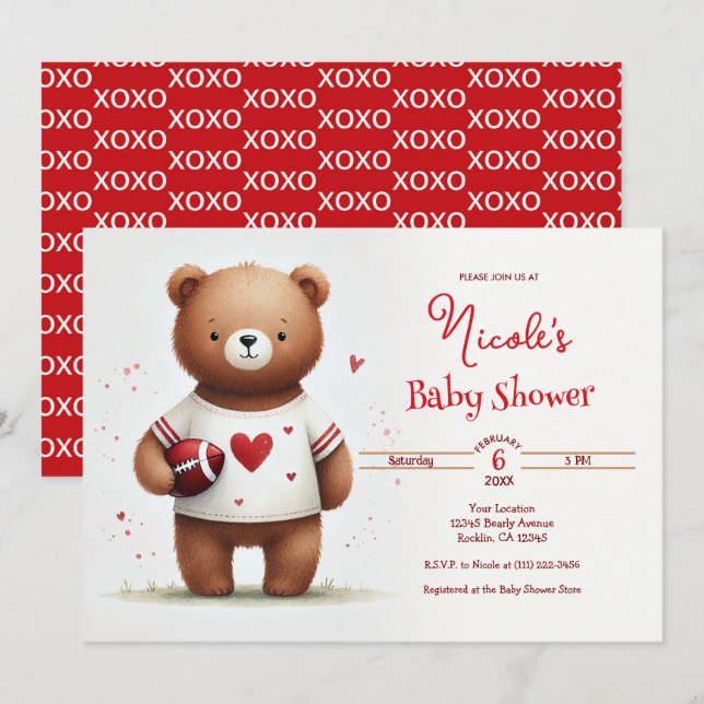 Football Teddy Bear Valentine's Baby Shower  Invitation (Front/Back)