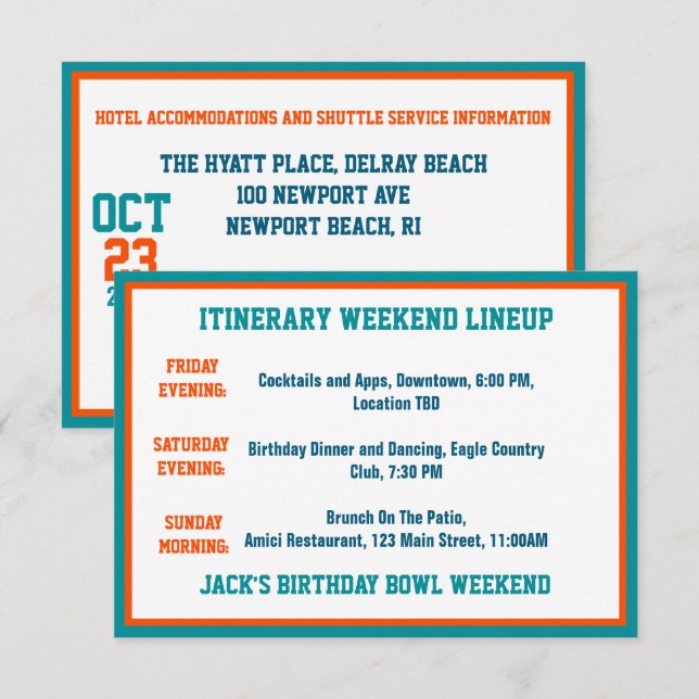 Football Theme Aqua Blue Orange Birthday Detail   Enclosure Card (Front/Back)