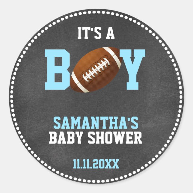 Football Theme Baby Shower Chalkboard Boy Classic Round Sticker (Front)