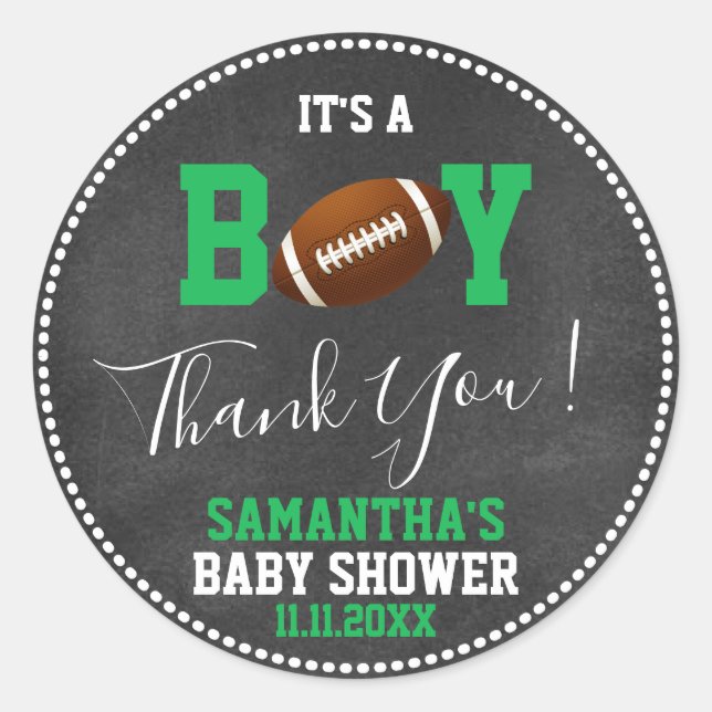 FOOTBALL Theme Baby Shower Chalkboard Green Boy Classic Round Sticker (Front)