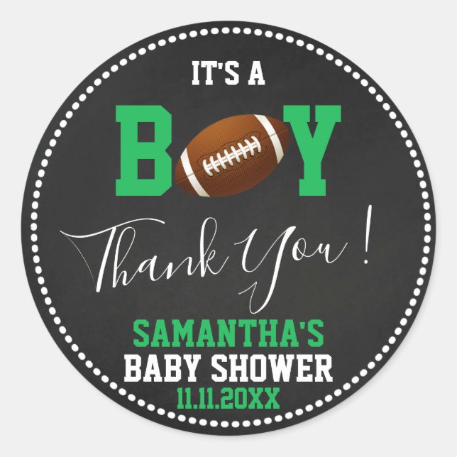 FOOTBALL Theme Baby Shower Chalkboard Green Boy Classic Round Sticker (Front)