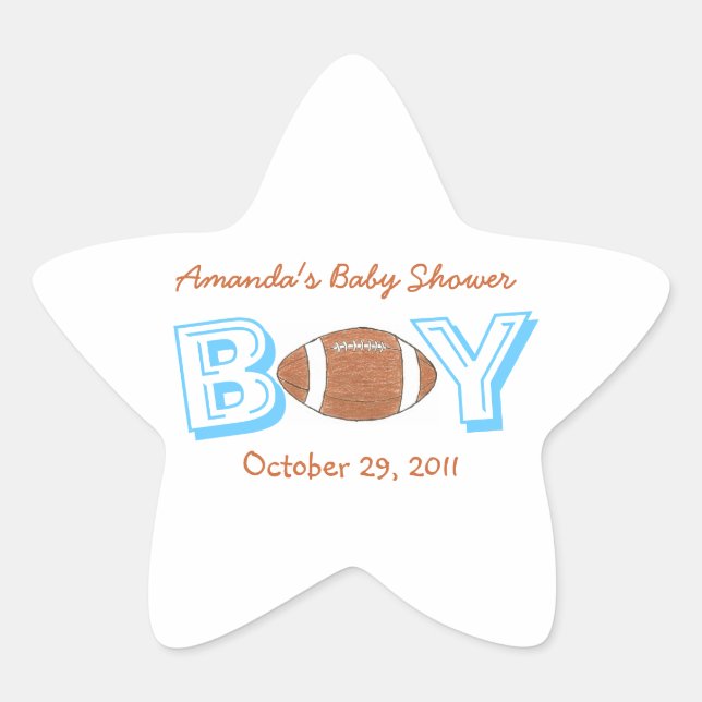 Football themed baby shower sticker -- baby boy (Front)