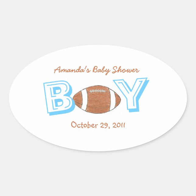 Football themed baby shower sticker -- baby boy (Front)