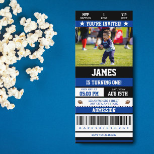 Football Ticket 1st Birthday Party Photo Invitation