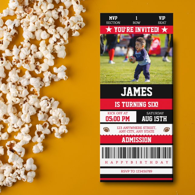 Football Ticket Any Age Birthday Party Photo Red I Invitation (Creator Uploaded)
