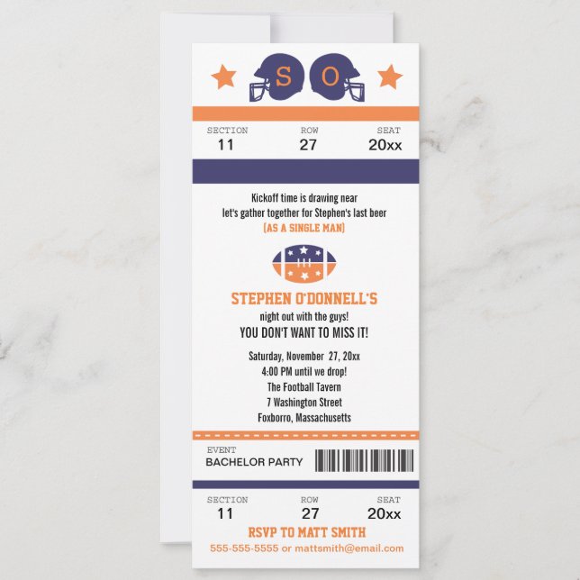 Football Ticket Bachelor Party Invitation (Front)