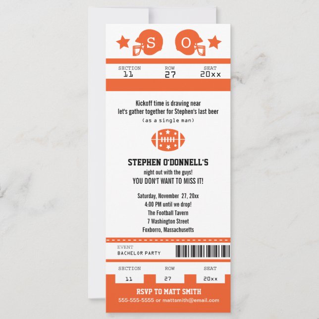 Football Ticket Bachelor Party Invitation (Front)