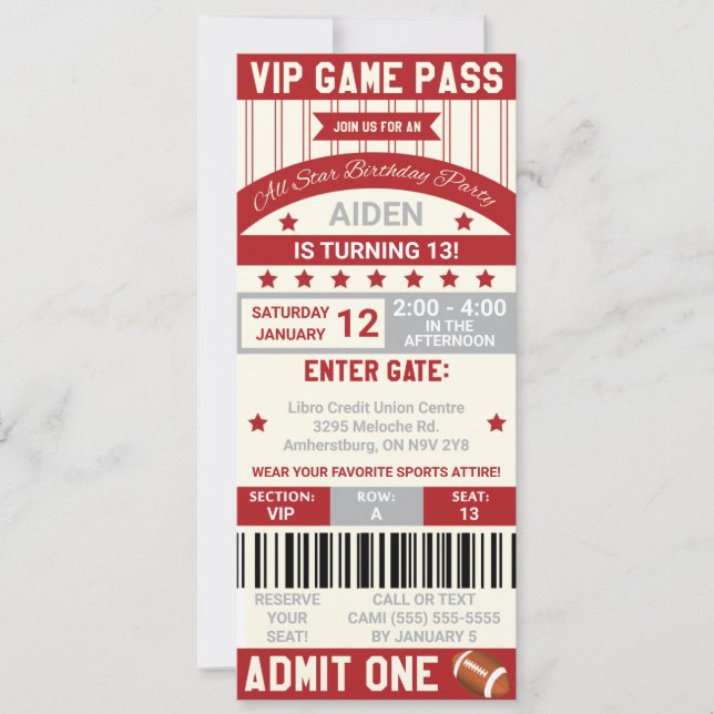 Football Ticket Birthday Invitation (Front)