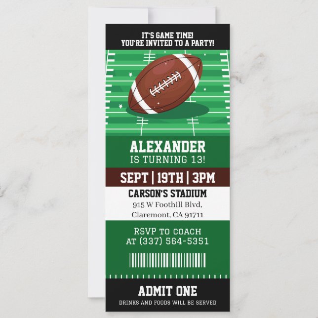 Football Ticket Birthday Invitation (Front)
