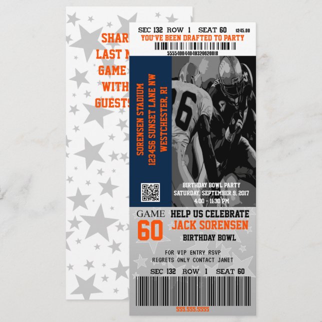 Football Ticket Blue & Orange Celebration Party Invitation (Front/Back)