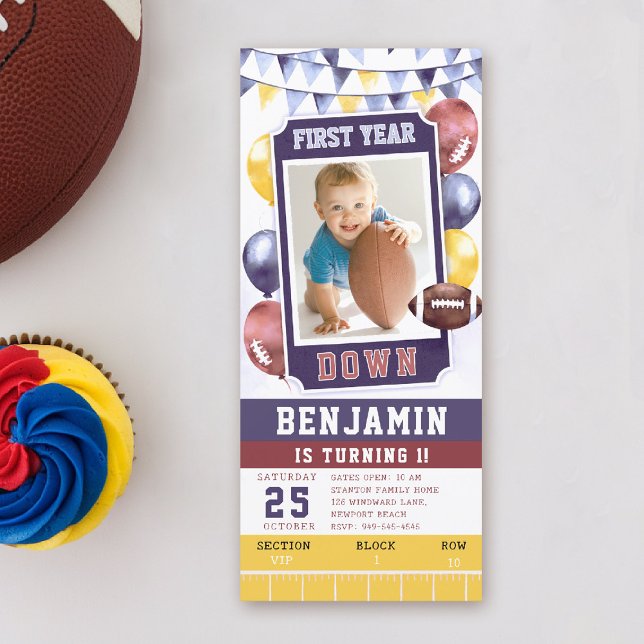 Football Ticket Bright Boy 1st Birthday Invitation (first year down football birthday invitation photo template balloons watercolor sports boy)