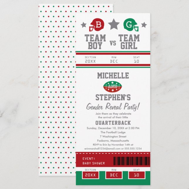 Football Ticket Gender Reveal Baby Shower Invitation (Front/Back)