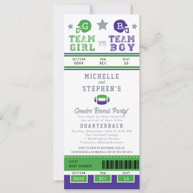 Football Ticket Gender Reveal Baby Shower Invitation (Front)