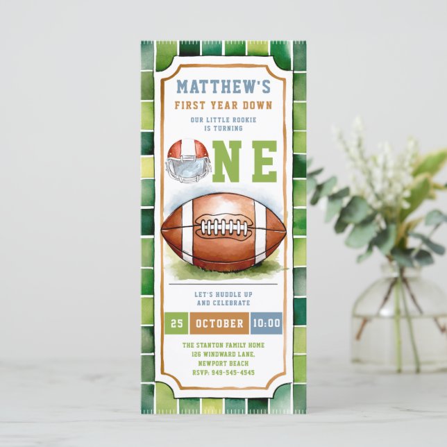 Football Ticket Green Blue 1st Birthday Invitation (Standing Front)