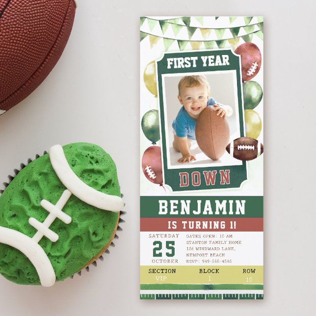 Football Ticket Happy Boy 1st Birthday Invitation (first year down football birthday invitation photo template balloons watercolor sports boy green)