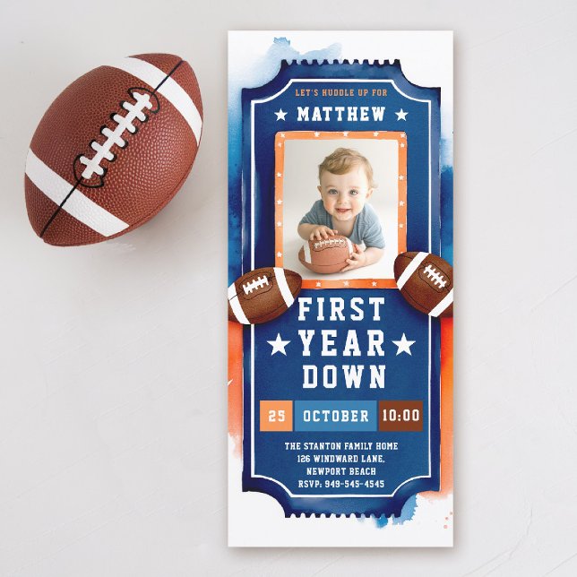 Football Ticket Photo Blue Orange Boy 1st Birthday Invitation (first year down football 1st birthday invitation photo watercolor sports ticket boy blue orange)